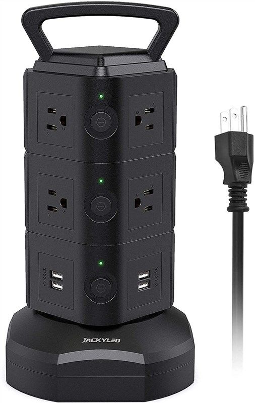 Power Strip Tower Surge Protector, JACKYLED 1625W 13A Outlet Surge Electric  Tower, 12 Outlets 6 USB Ports Charging Station with 16AWG 6.5ft Heavy Duty