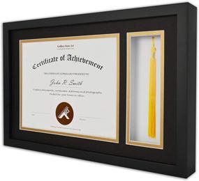 img 2 attached to Golden State Art, Premium Solid Wood Diploma Tassel Shadow Box, 11x17.5 Wooden Frame for 8.5x11 Document/Certificate, with Double Mat (Black Over Gold), Tassel Holder &amp; Real Glass, Black Finish