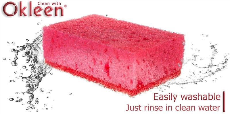 Okleen Pink Multi Use Scrub Sponges. Made in Europe. 9 Pack, 4.3x2.8x1.4  inches. Odorless Heavy Duty & Non Scratch Fiber. Durable and Delicate