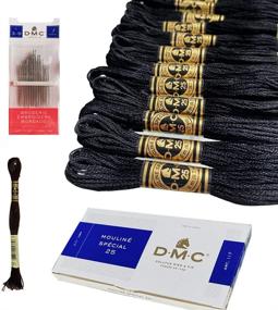 img 4 attached to 🧵 High-Quality DMC Black Embroidery Floss and Thread Bundle - 12/Pack with Extra Skein and Cross Stitch Needles in Black