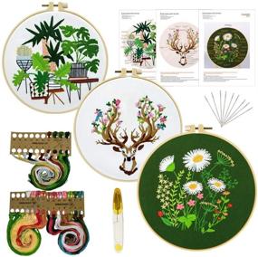 img 4 attached to 🧵 Embroidery Kits for Adults: Beginner's Needle Pointing Kit with Stamped Daisy, Plants & Reindeer Patterns (3 Pack)
