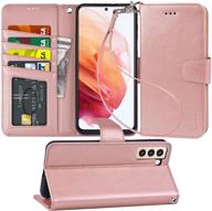 📱 arae wallet case for samsung galaxy s21 - rose gold flip cover with card holder, wrist strap - 6.2 inch logo