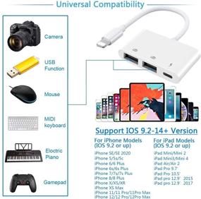 img 3 attached to Адаптер камеры USB3 Lightning к двойному USB OTG кабелю с портом для зарядки - совместимый с iPhone 12, 11, X, 8, 7, iPad, USB-накопителем, MIDI-клавиатурой, USB-адаптером Ethernet, хабом, мышью