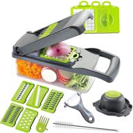 adjustable mandoline slicer with cheese slicer, hand vegetable chopper and spiralizer, garlic onion dicer, fruit peeler, veggie slicer, pasta zucchini noodle maker, salad shooter, and food processor logo