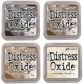 img 1 attached to 🎨 Tim Holtz Ranger Distress Oxide Ink Bundle - Set of Four 3" x 3" Pads (E: Black Soot, Walnut Stain, Vintage Photo, and Antique Linen)