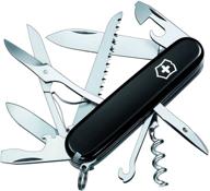 victorinox huntsman swiss army pocket knife, medium size, multi tool with 15 functions, large blade, bottle opener, in sleek black logo