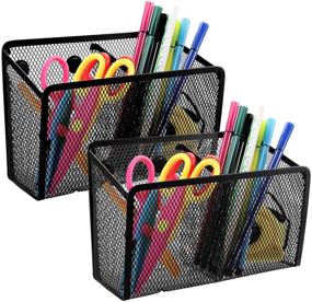 img 4 attached to 🖇️ Jucoan Magnetic Pen Pencil Holder - 2 Pack, Ultra Strong Magnet Mesh Storage Basket Organizer with 2 Compartments for Whiteboard, Fridge, Cubicle Desks, Locker Accessories