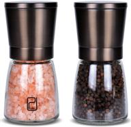 🧂 premium black stainless steel salt and pepper grinder set: gunmetal shakers with bamboo stand - adjustable coarseness - bronze pepper mill and salt grinders shaker set logo