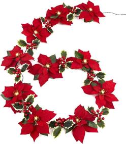 img 1 attached to 🎄 Enhance your Holidays with HOMESEASONS Pack of 2 Pre-Lit Velvet Artificial Poinsettia 6 feet Garland - Festive Red Berries and Holly Leaves - Convenient 3AA Battery Operated - for Indoor and Outdoor Décor (2, Red)