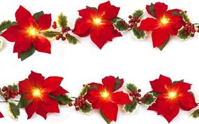 img 3 attached to 🎄 Enhance your Holidays with HOMESEASONS Pack of 2 Pre-Lit Velvet Artificial Poinsettia 6 feet Garland - Festive Red Berries and Holly Leaves - Convenient 3AA Battery Operated - for Indoor and Outdoor Décor (2, Red)