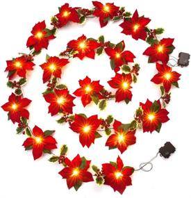 img 4 attached to 🎄 Enhance your Holidays with HOMESEASONS Pack of 2 Pre-Lit Velvet Artificial Poinsettia 6 feet Garland - Festive Red Berries and Holly Leaves - Convenient 3AA Battery Operated - for Indoor and Outdoor Décor (2, Red)