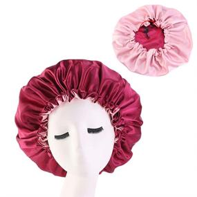 img 4 attached to 🎀 Satin Bonnet Night Large Sleep Cap: Adjustable Sleeping Cap for Women with Curly Hair | Beauty Salon Long Hair Bonnet, Burgundy+Shell Pink