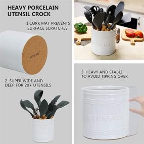 img 2 attached to 🍴 SYNWISH Ceramic Kitchen Utensil Holder: Large Farmhouse Porcelain Crock for Countertop - Anti Slip & Scratch Cork Base, White