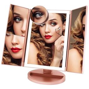 img 4 attached to 💄 Trifold Lighted Makeup Mirror with 72 LEDs, 3 Color Lighting, and Multiple Magnifications - Cord & Cordless, 180° Rotation, Portable High-Definition Cosmetic Mirror (Rose Gold)