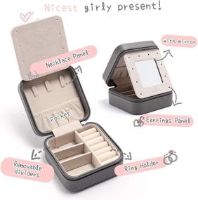 img 2 attached to 💍 Compact Grey Jewelry Box with Mirror - Ideal Travel Jewelry Organizer for Women and Girls; Perfect for Earrings, Rings, Necklaces