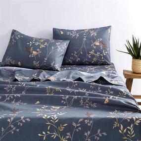 img 4 attached to 🌸 Wake In Cloud - Gray Sheet Set, Dark Grey Floral Bird Pattern Printed, Queen Size Soft Microfiber Bedding (4pcs)