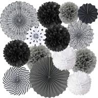 🎉 stunning black and white hanging party decorations: round pattern paper fans set with tissue pom poms and flower balls - perfect for weddings, showers, graduations, and more! set of 14. logo