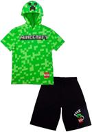 👦 boys minecraft costume set: black tnt shorts with minecraft logo on green hooded t-shirt logo