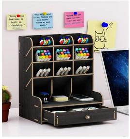 img 3 attached to 🖤 Black Wooden Desk Organizer - DIY Pen Holder, Multi-Functional Storage Box for Home, Office, and School - Desktop Stationary Storage Rack (B11)