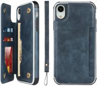 blue icovercase iphone xr wallet case with card slots, wrist strap and kickstand - premium pu leather flip folio cover for shockproof protection, double magnetic clasp, lanyard included logo