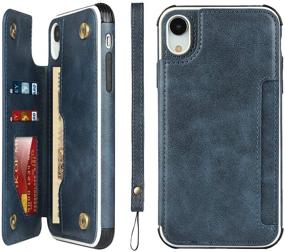 img 4 attached to Blue iCoverCase iPhone XR Wallet Case with Card Slots, Wrist Strap and Kickstand - Premium PU Leather Flip Folio Cover for Shockproof Protection, Double Magnetic Clasp, Lanyard Included