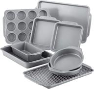 premium 10-piece farberware nonstick steel bakeware set: includes cooling rack, baking pan, cookie sheet, bread pan, and cooling grid in sleek gray finish logo