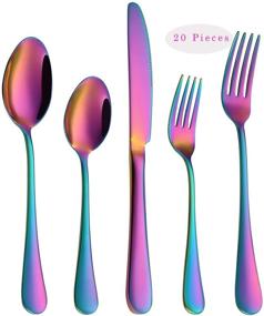 img 4 attached to 🌈 20-Piece Rainbow Flatware Set, Stainless Steel Colorful Utensils, Service for 4, Knife/Fork/Spoon, Reusable, Mirror Polished, Dishwasher Safe