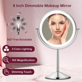 img 3 attached to 💄 Gospire 8 Inch Lighted Makeup Mirror - 1X/10X Magnifying LED Makeup Mirror with 3 Color Dimmable Lighting Modes, Rechargeable & Cordless, Touch Control Vanity Mirror, 360° Rotation - Chrome Finish