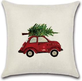 img 2 attached to 🎄 PSDWETS Christmas Decorations Xmas Tree Red Car Cotton Linen Throw Pillow Covers - Set of 4 Cushion Cover, 18x18