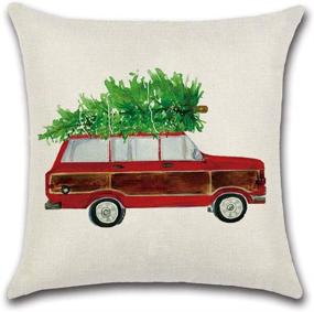 img 1 attached to 🎄 PSDWETS Christmas Decorations Xmas Tree Red Car Cotton Linen Throw Pillow Covers - Set of 4 Cushion Cover, 18x18