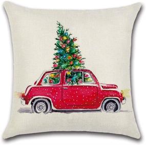 img 3 attached to 🎄 PSDWETS Christmas Decorations Xmas Tree Red Car Cotton Linen Throw Pillow Covers - Set of 4 Cushion Cover, 18x18