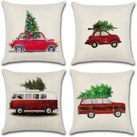 🎄 psdwets christmas decorations xmas tree red car cotton linen throw pillow covers - set of 4 cushion cover, 18x18 логотип