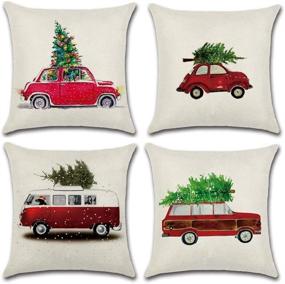 img 4 attached to 🎄 PSDWETS Christmas Decorations Xmas Tree Red Car Cotton Linen Throw Pillow Covers - Set of 4 Cushion Cover, 18x18