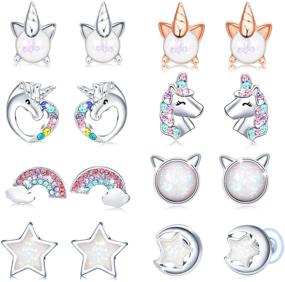 img 4 attached to 🦄 Hicdaw Cute Unicorn Earrings Set for Girls - Hypoallergenic Kids Stud Earrings (8 Pairs)