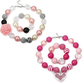 img 4 attached to 🎀 2 Pairs of Adorable Chunky Bubblegum Necklace and Bracelet Set for Girls by FINREZIO