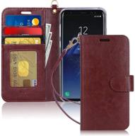 fyy wallet phone case for samsung galaxy s8: kickstand, card holder, & wrist strap - dark brown luxury pu leather flip cover logo