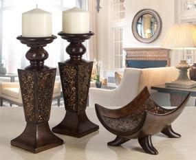 img 2 attached to 🕯️ Schonwerk Crackled Mosaic Pillar Candle Holder Set of 2 - Stunning Table Decorations - Perfect for Dining and Living Room Centerpieces - Ideal Wedding Gift in Walnut