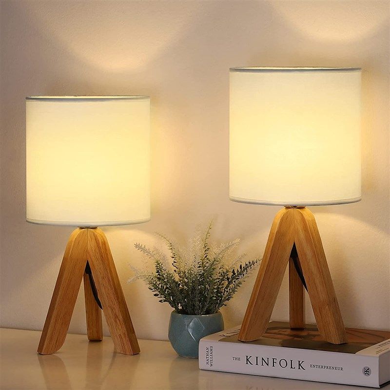 HAITRAL Small Bedside Table Lamps - Set Of 2 Wooden Tripod Nightstand ...