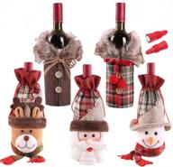 🎄 holiday/christmas wine bottle decorations set of 7: checkers & herringbone patterns with faux fur collar; santa claus, snowman & reindeer drawstring bags; silicone christmas decor gift bottle stoppers logo