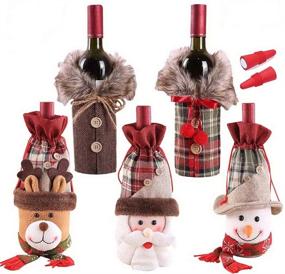 img 4 attached to 🎄 Holiday/Christmas Wine Bottle Decorations Set of 7: Checkers & Herringbone Patterns with Faux Fur Collar; Santa Claus, Snowman & Reindeer Drawstring Bags; Silicone Christmas Decor Gift Bottle Stoppers