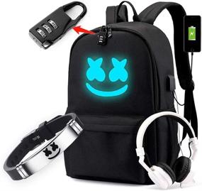 img 4 attached to 🎒 Cozyonme Smile Luminous Backpack: USB Charging Port, Safety Lock & DJ Bracelet - Large Black Fashion Daypack for Travel and DJ Music Lovers