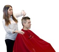 red nylon salon cape hairstylists logo
