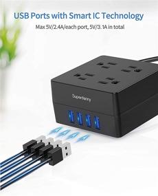 img 1 attached to 💡 Black Mountable Power Strip USB Surge Protector - SUPERDANNY with 4 AC Outlets & 4 Smart USB Ports, 5ft Desktop Extension Cord for Home, Office, Hotel, Dorm, Room, RV