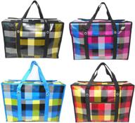 🛍️ pack of 4 spacious and durable reusable hard plastic checkered laundry bags with zipper and handles for travel, grocery, laundry, shopping, storage, moving - size: 19.5"x13.5"x7.5" (color may vary) logo