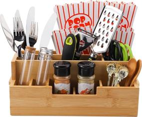 img 4 attached to 🍴 Efficiently Organize Your Kitchen with the Yarlung Silverware Caddy - 10 Compartment Bamboo Utensil Holder Tray for Cutlery, Napkins, Spoons, Knives, Forks