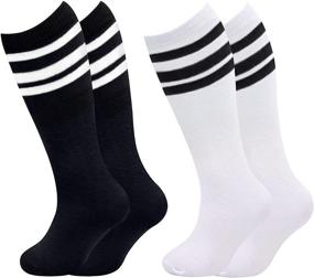 img 1 attached to 🧦 Яркие коленные футбольные носки для мальчиков и девочек - идеальные трубчатые носки с полосками для малышей и младенцев