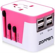 zoppen international travel adapter - smart wall charger with 4 usb charging ports, 🔌 all-in-one universal plug (us/jp uk eu au/cn) worldwide outlets & ac socket - surge protector, pink/white logo