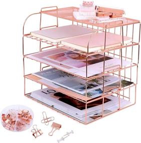 img 4 attached to 🌹 Rose Gold Stackable Paper Tray Organizer: 4 Tier Desk File Organizer and Accessories