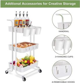 img 3 attached to 🛒 LEHOM 3-Tier Rolling Utility Cart: Ultimate Organizing Solution with added Hanging Cups, Hooks & Handle- Easy Assembly, Multifunctional Storage for Office, Bedroom, Kitchen, Bathroom, Laundry (White)
