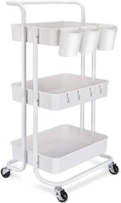 img 4 attached to 🛒 LEHOM 3-Tier Rolling Utility Cart: Ultimate Organizing Solution with added Hanging Cups, Hooks & Handle- Easy Assembly, Multifunctional Storage for Office, Bedroom, Kitchen, Bathroom, Laundry (White)
